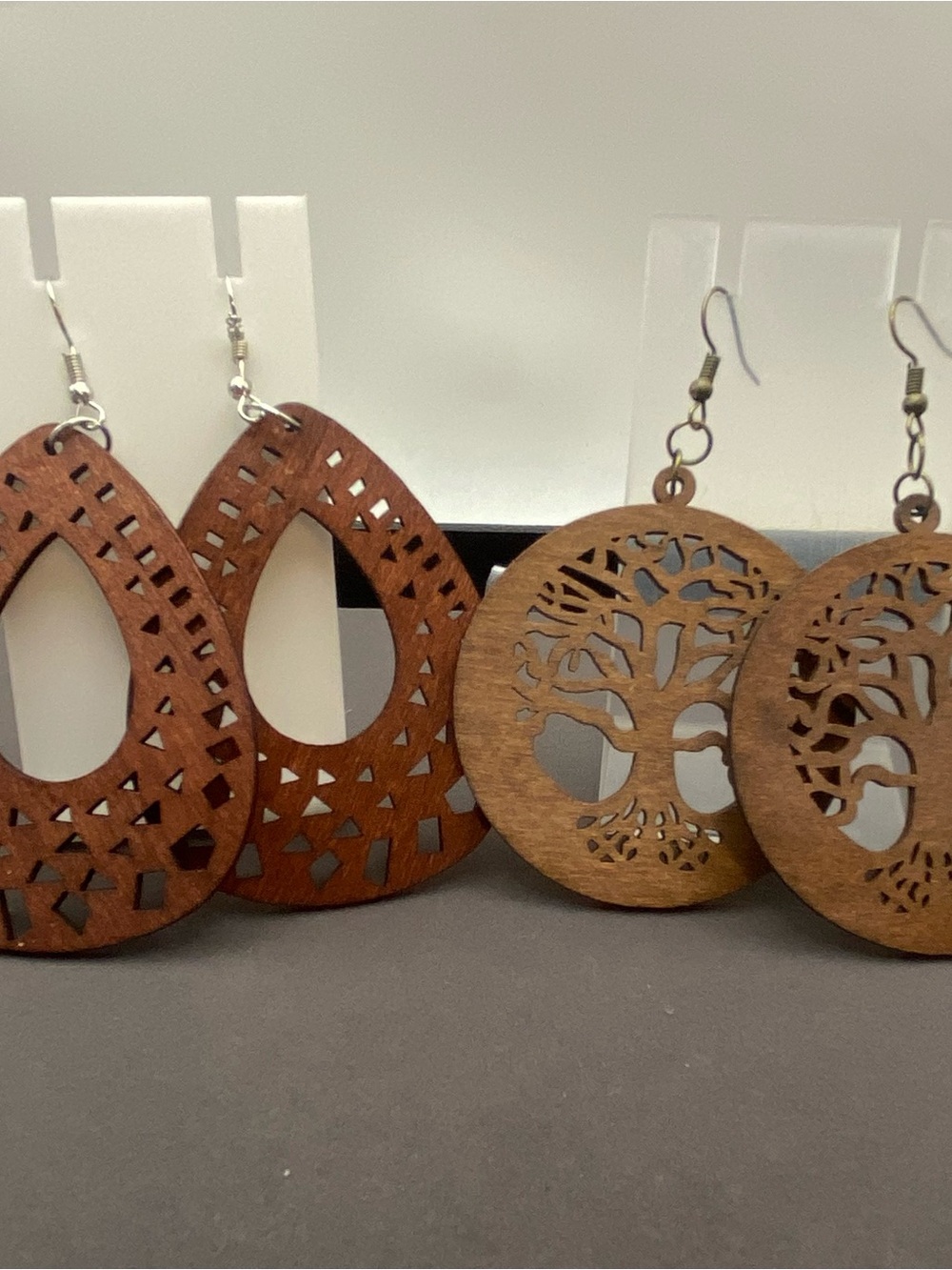 Wooden Teardrop and Tree Cutout Dangle Earrings - Brown